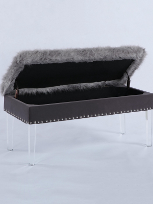 20" Horice Faux Fur Nailhead Storage Bench With Acrylic Legs Gray - Ore International