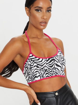 White Zebra Contrast Binding Halterneck Crop