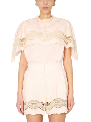 Alberta Ferretti Embroidered Ruffle Collar Blouse