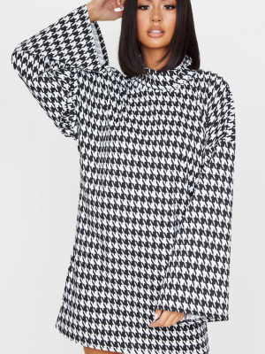 Black Dogtooth Print Rib Roll Neck Flare Sleeve...