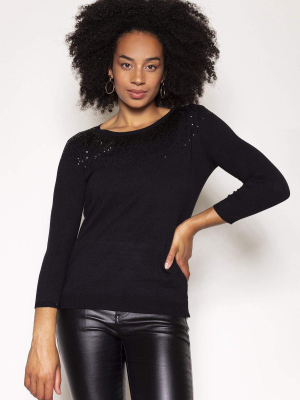 Sequin 3/4 Sleeve Knit In Black