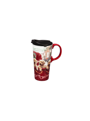 Cypress Home Beautiful Lab Puppies In Red Truck Ceramic Travel Cup With Matching Box - 4 X 5 X 7 Inches Indoor/outdoor H