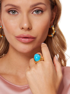 Gold Ring With Turquoise Cabochon Center And Coral Cabochon Dots