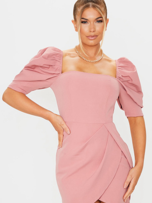 Dusty Pink Woven Puff Sleeve Wrap Bodycon Dress