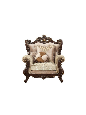 Rolled Armchair With Floral Arched Backrest And Two Pillows Beige/brown - Benzara