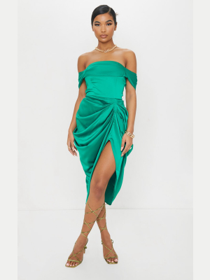 Emerald Green Satin Draped Bardot Midi Dress