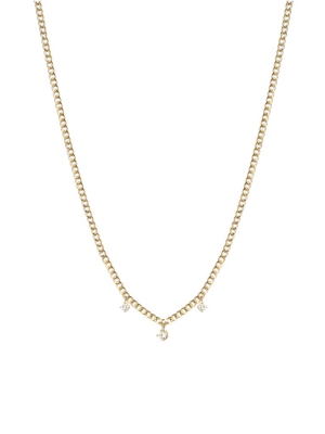 14k Gold Extra Small Curb Chain Necklace With 3 Prong Diamonds