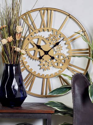 32" X 32" Industrial Style Metal Round Gear Wall Clock With Roman Numerals Gold - Cosmoliving By Cosmopolitan