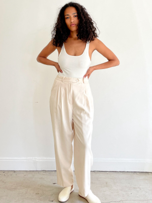 Cream Raw Silk Pleated Pants