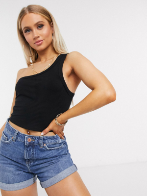 Asos Design One Shoulder Crop Top With Chunky Rib Strap In Black