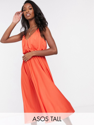 Asos Design Tall Cami Plunge Blouson Midi Dress In Bright Orange