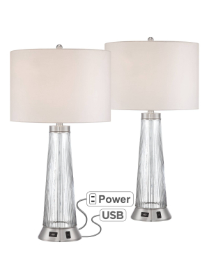 Possini Euro Design Modern Table Lamps Set Of 2 With Usb And Ac Power Outlet Ribbed Glass White Drum Shade For Living Room Family