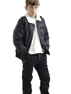 Boy's Berber Lined Faux Leather Bomber Jacket