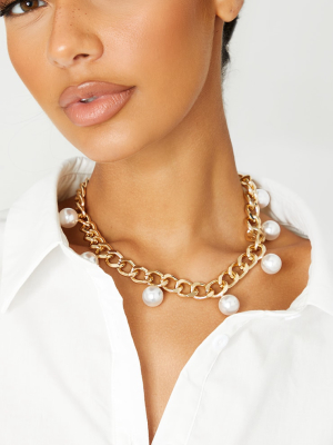 Gold White Pearl Detail Chain Necklace