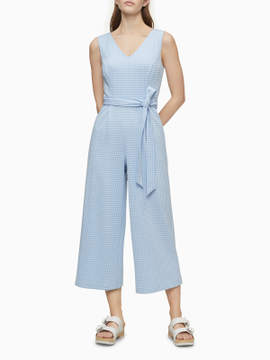 Gingham V-neck Belted Jumpsuit