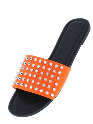 Jennifer298 Neon Orange Spike Stud Open Toe Flat Slide Sandal