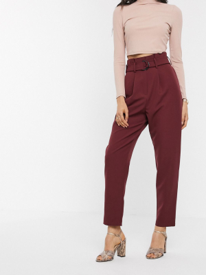 Asos Design Paperbag Pants With D Ring In Oxblood