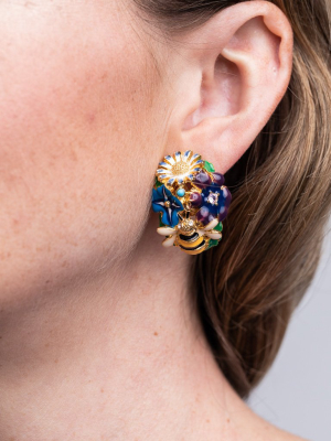 Gold Multi Colored Flower Bug Clip Earrings