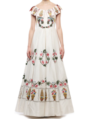 Embroidered Boat-neck Gown