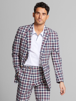 Italian Seersucker Suit Jacket In Red Blue Plaid