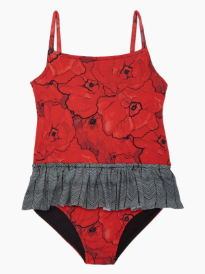 Rosie Ruffle One Piece Swimsuit (kids) - Red Poppies Print