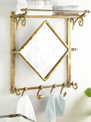 25" X 28" Bathroom Wall Rack With Hooks And Diamond Mirror Brass - Olivia & May