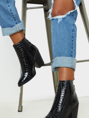 Black Patent Croc Western Ankle Boot
