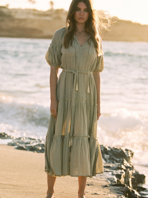 Jo Midi Peasant Dress In Straw Cotton Gauze