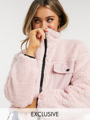 Wednesday's Girl Oversized Zip-through Jacket With Pocket Detail In Faux-fur