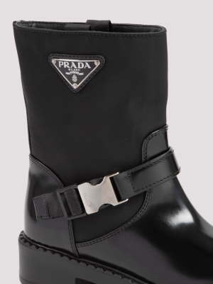 Prada Logo Plaque Panelled Buckled Boots