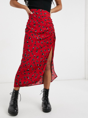 Stradivarius Ruched Jersey Pencil Skirt In Red Floral
