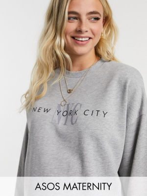 Asos Design Maternity Sweatshirt With Nyc Print In Gray Marl