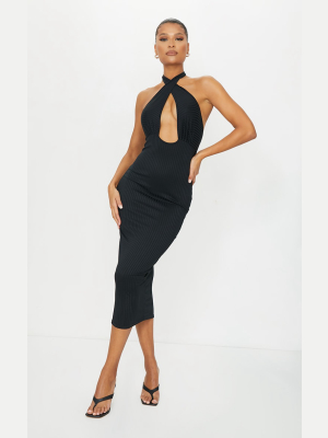 Black Ribbed Cross Halterneck Midi Dress