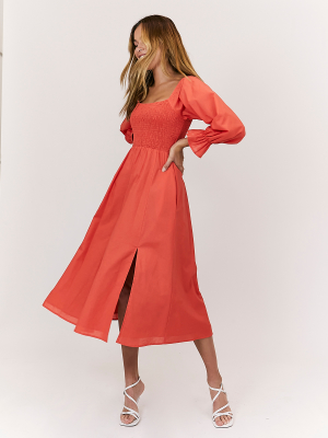 Chloe Shirred Long Sleeve Midi Dress / Terracotta