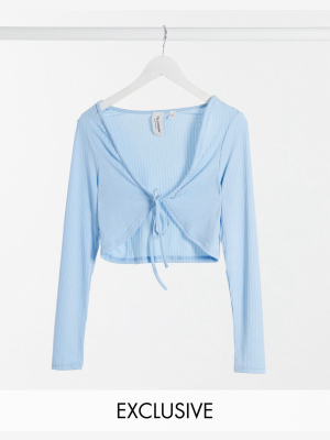 Collusion Ruched Tie Front Long Sleeve Crop Top In Blue