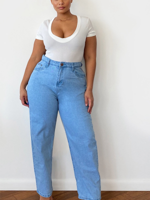 Plus Light Blue Wash Bum Rip Straight Leg Jeans