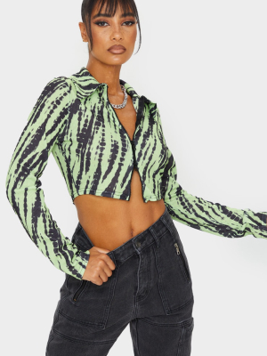 Green Rib Tie Dye Polo Collar Double Zip Crop Top