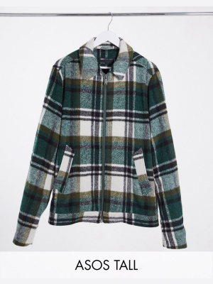 Asos Design Tall Wool Blend Harrington Jacket In Green And Ecru Plaid