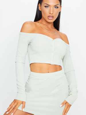 Sage Green Rib Bardot Popper Detail Long Sleeve...