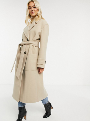 Asos Design Belted Luxe Maxi Coat In Camel