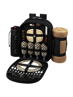 Picnic At Ascot - Deluxe Equipped 4 Person Picnic Backpack With Cooler, Insulated Wine Holder & Blanket