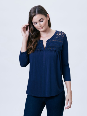 Lydia 3/4 Sleeve Knit Top With Lace Yoke