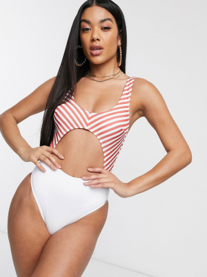 Free Society Exclusive Eco Cut Out Swimsuit In Coral Stripe