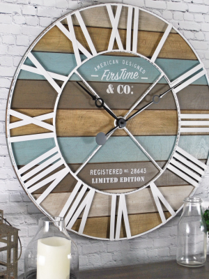 24" Maritime Farmhouse Planks Wall Clock Natural Wood/aged Teal - Firstime & Co.