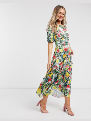 Never Fully Dressed Puff Sleeve Midaxi Dress In Tropical Floral Print