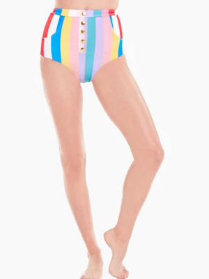 Simone Faux Button High Waisted Bikini Bottom - Multi Stripe Print