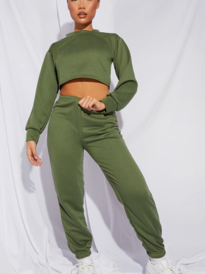 Petite Khaki Cropped Sweat And Track Pant Set