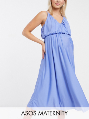 Asos Design Maternity Cami Plunge Midi Dress With Blouson Top In Blue