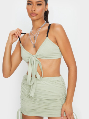 Sage Green Tie Front Strappy Crop Top