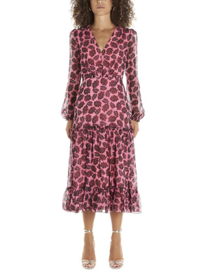 Saloni Leaf Printed V-neck Midi Dress